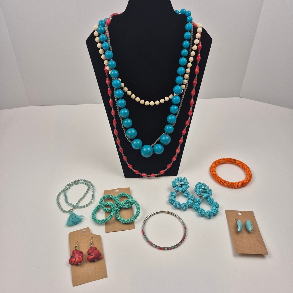 Boho Southwest‎ Beaded Jewelry Lot Necklace Bracelet Earrings Blue Red 12 Pc